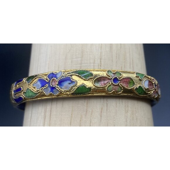 Vintage Cloisonné Bangle Bracelet Blue Gold Floral Motif Enamel Hinged 7"x1/3"w - Picture 5 of 15
